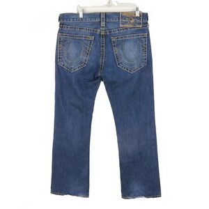 Vintage True Religion Y2K Yellow Hem Distressed Blue Stonewash Denim Jeans